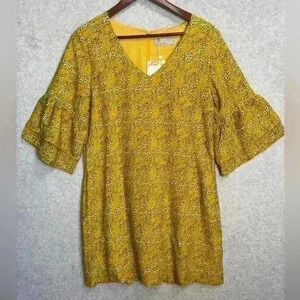 NWT Belongsci Sz M Yellow Short Sheath Dress Flounce Sleeve Lined Floral Midi